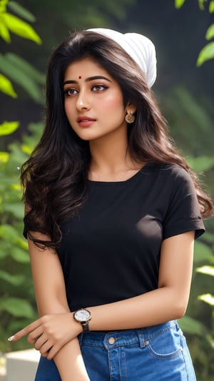 (Best quality, Ultra-detailed, Realistic:1.37), Professional, Beautiful detailed eyes, Beautiful detailed lips, Detailed facial features, Natural skin tone, Perfect skin texture, Delicate facial expressions, Image in high resolution, Sad face, Realistic Skin, plain face, natural smile, highly detailed hair, 18 years old, (Kiran, beautiful young Indian woman), wearing black shirt, black jeans and white shoes, standing in the garden with head bowed, sad face looking at the time on wrist watch , which reflects her impeccable style and grace. The high-resolution image depicts ultra-detailed realism, highlighting Kiran's striking eyes, expressive lips and sad facial features.
