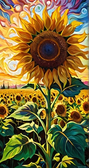 oil painting concept art, 

sunflower, van gogh style, 

a image for a póster of psytrance festival, contains fractals, spiritual composition, the imagen evoke happiness and energy. the imagen contains organic textures and surreal composition. some parts of the image evoke a las trip