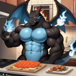 mega charizard, pokemon, (black skins, blue belly, blue fire), fire tipped tail, two small wings, muscle pecs, huge pecs, big  muscle, huge muscle, muscle body, big body, kitchen background, job is kitchen, chef, cooking clothe, 