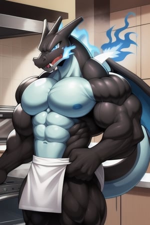 mega charizard, pokemon, black skins, blue belly, blue fire, fire tipped tail, two wings, blue eyes, muscle pecs, huge pecs, big muscle, huge muscle, kitchen background, chef, cooking clothes, cooker hats