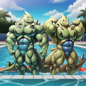 (perfect face, perfect body, narrow body) Tyranitar, pokemon, big muscle, huge muscle, slim, thin,  double flexing biceps curl, little wet, swimming pool background, 