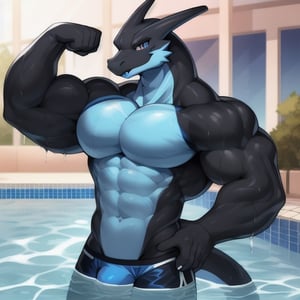 (masterpiece), (perfect shadows), (perfect_eyes), (best_quality), (ultra-detailed), (perfect face), (illustration), ((narrow body)), (narrow waist), (slim waist), black body, blue belly skin, male, blue mega_Charizard, pokemon, twink, slender, skinny, large pecs, huge pecs, smirk, swimming pool background, double flexing biceps curl, wet, blue shorts 