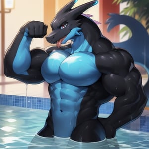 (masterpiece), (perfect shadows), (perfect_eyes), (best_quality), (ultra-detailed), (perfect face), (illustration), ((narrow body)), (narrow waist), (slim waist), black body, blue belly skin, male, blue mega_Charizard, pokemon, twink, big body, skinny, large pecs, huge pecs, smirk, swimming pool background, double flexing biceps curl, soaked, wet, blue fire from Mouth 