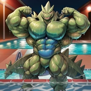 Tyranitar_pokemon, big muscle, muscle, double flexing biceps curl, swimming pool background, wet, blue belly