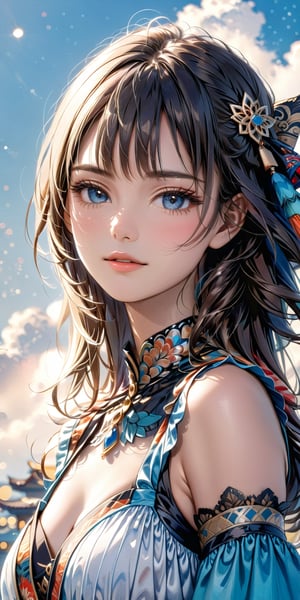 //Quality, Masterpiece, Top Quality, Official Art, Aesthetic and Beautiful, 16K, highest definition, high resolution 
//Character, (1girl), beautiful skin, waist up portrait, The girl with blue sky and white clouds background, shyly face, sexy outfit, front view, (Bokeh, Sharp Focus), low angle, 
//Fashion, Ethnic clothes, 