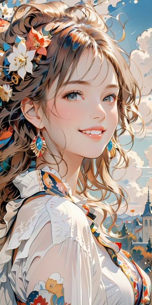 //Style, Auguste Renoir, Alphonse Mucha, Gustav Klimt, 
//Quality, Masterpiece, Top Quality, Official Art, Aesthetic and Beautiful, 16K, highest definition, high resolution 
//Character, (1girl), white beautiful skin, smiling, waist up portrait, Japanese girl with blue sky and white clouds background, sexy outfit, front view, extreme color, Perfect Dynamic Composition, Bokeh, (Sharp Focus:1.2), Ultra Wide Angle, High Angle, High Color Contrast, Depth of Field, 