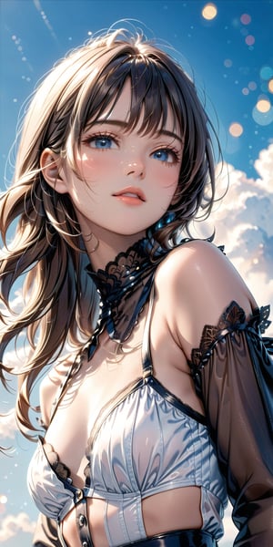 //Quality, Masterpiece, Top Quality, Official Art, Aesthetic and Beautiful, 16K, highest definition, high resolution 
//Character, (1girl), beautiful skin, waist up portrait, The girl with blue sky and white clouds background, shyly face, sexy outfit, front view, (Bokeh, Sharp Focus), low angle, 