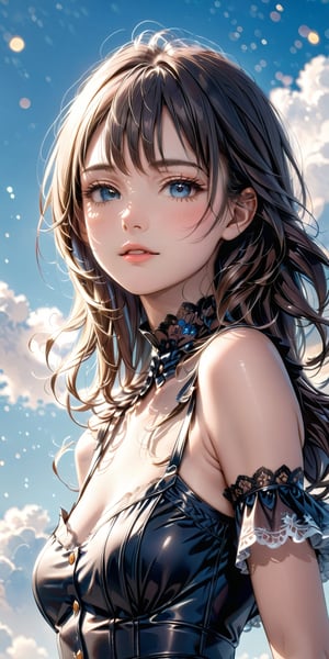 //Quality, Masterpiece, Top Quality, Official Art, Aesthetic and Beautiful, 16K, highest definition, high resolution 
//Character, (1girl), beautiful skin, waist up portrait, The girl with blue sky and white clouds background, shyly face, sexy outfit, front view, (Bokeh, Sharp Focus), low angle, 