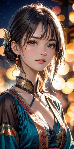 //Quality, Masterpiece, Top Quality, Official Art, Aesthetic and Beautiful, 16K, highest definition, high resolution 
//Character, (1girl), beautiful skin, waist up portrait, shyly face, sexy outfit, front view, (Bokeh, Sharp Focus), low angle, dawn, cinematic lighting, 
//Fashion, Ethnic clothes, 