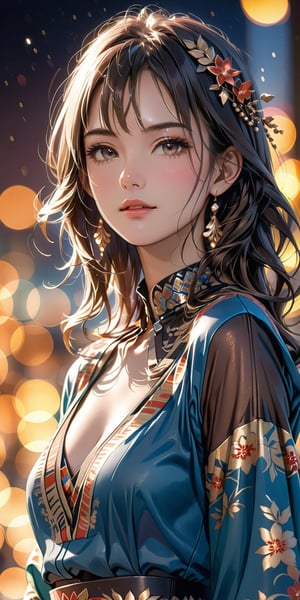 //Quality, Masterpiece, Top Quality, Official Art, Aesthetic and Beautiful, 16K, highest definition, high resolution 
//Character, (1girl), beautiful skin, waist up portrait, shyly face, sexy outfit, front view, (Bokeh, Sharp Focus), low angle, dawn, cinematic lighting, 
//Fashion, Ethnic clothes, 