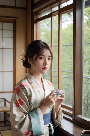 (ultra realistic,best quality),photorealistic,Extremely Realistic, in depth, cinematic light,hubggirl,

26yo girl, short bob haircut with bangs, subtle makeup, wearing a modern reinterpretation of a vintage floral kimono from the Showa era, featuring a deep neckline and a high slit, standing in a traditional Japanese tea house, surrounded by tatami mats and paper sliding doors, holding a delicate tea cup, soft sunlight streaming through the windows, the atmosphere is nostalgic and tranquil, blending traditional and contemporary fashion, 

dynamic poses,particle effects,
perfect hands,perfect lighting,vibrant colors,
intricate details,high detailed skin,intricate background,
realism,raw,analog,taken by Sony Alpha 7R IV,Zeiss Otus 85mm F1.4,ISO 100 Shutter Speed 1/400,