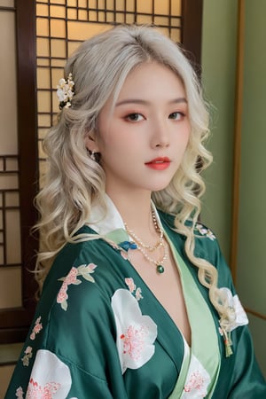 26yo hubggirl, wearing kimono, long platinum blonde curly hair, intricate makeup, deep green fitted kimono with elegant and elaborate designs, featuring white puffy sleeves. She is adorned with a gemstone pendant necklace and delicate earrings. The background has soft lighting that creates a mysterious and fantasy-like atmosphere.
