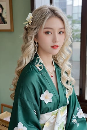 26yo hubggirl, wearing kimono, long platinum blonde curly hair, intricate makeup, deep green fitted kimono with elegant and elaborate designs, featuring white puffy sleeves. She is adorned with a gemstone pendant necklace and delicate earrings. The background has soft lighting that creates a mysterious and fantasy-like atmosphere.
