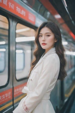 Cinematic Photo of a beautiful korean fashion model bokeh train