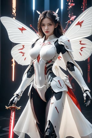 (ultra realistic,best quality),photorealistic,Extremely Realistic, in depth, cinematic light,mecha\(hubggirl)\,butterfly\(hubggirl)\,

a hubggirl robot soldier with white cape,holding a glowing red sword,

dynamic poses, particle effects, 
perfect hands, perfect lighting, vibrant colors, 
intricate details, high detailed skin, 
intricate background, realism, realistic, raw, analog, taken by Canon EOS,SIGMA Art Lens 35mm F1.4,ISO 200 Shutter Speed 2000,Vivid picture,