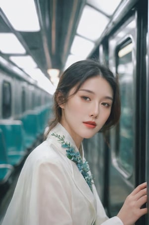 Cinematic Photo of a beautiful korean fashion model bokeh train