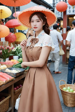 (ultra realistic,best quality),photorealistic,Extremely Realistic, in depth, cinematic light,hubggirl,

26yo girl, wavy brown hair, elegant makeup, wearing a chic western-style dress from the Showa era with modern elements, such as a body-hugging fit and stylish cutouts, standing in a bustling Japanese street market with colorful stalls and vintage signs, holding a traditional parasol, the scene is lively with people and vibrant with activity, the atmosphere is festive and nostalgic, combining vintage and contemporary aesthetics,

dynamic poses,particle effects,
perfect hands,perfect lighting,vibrant colors,
intricate details,high detailed skin,intricate background,
realism,raw,analog,taken by Sony Alpha 7R IV,Zeiss Otus 85mm F1.4,ISO 100 Shutter Speed 1/400,
