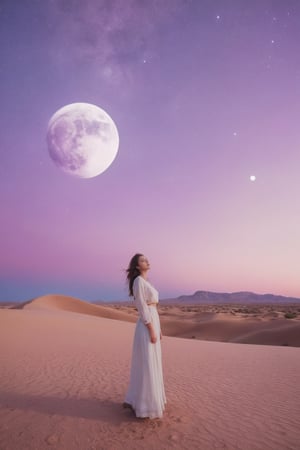 (ultra realistic,best quality),photorealistic,Extremely Realistic, in depth, cinematic light,hubggirl,

desert_sky,1girl,full moon,scenery,desert,pink-purple sky,star,

intricate background, realism,realistic,raw,analog,portrait,photorealistic,
