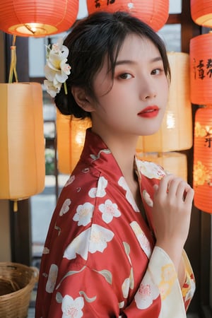 (ultra realistic,best quality),photorealistic,Extremely Realistic, in depth, cinematic light,hubggirl,

26yo girl, short wavy black hair, bold red lipstick, wearing a modernized traditional Japanese yukata with floral patterns, featuring a deep neckline and high slit, standing in a vintage Japanese street during a summer festival, surrounded by lanterns and food stalls, holding a traditional Japanese fan, the atmosphere is vibrant and nostalgic, blending traditional and contemporary fashion,

dynamic poses,particle effects,
perfect hands,perfect lighting,vibrant colors,
intricate details,high detailed skin,intricate background,
realism,raw,analog,taken by Sony Alpha 7R IV,Zeiss Otus 85mm F1.4,ISO 100 Shutter Speed 1/400,
