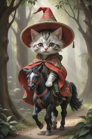 Cute kitten riding a big black vaulting horse, closed: straw hat, red and green embroidered Chinese cloak, cinematic pose, fairy atmosphere, highly detailed, dramatic lighting. Forest background, digital painting, masterpiece, maximalism, near perfection, design by Greg Rutkowski + Esao Andrews, oil painting
