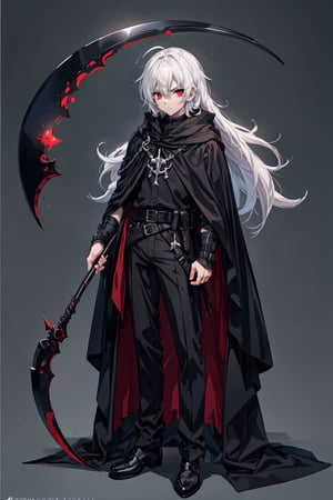 4K, UHD, A men with red eyes,  white hair, fullbody, black shoes, anime style 
.
 Best quality rendering, serious .
Black cloak, black purple aura, perfect scythe, pastel background 