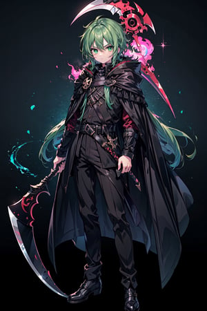 4K, UHD, A men with green eyes,  green hair, fullbody, black shoes, anime style 
.
 Best quality rendering, serious .
Black cloak, black purple aura, perfect scythe, pastel background 