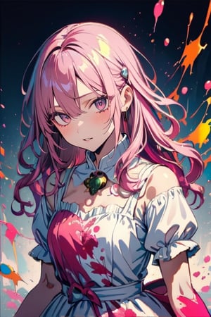 Light pink hair, pink eyes, pink and white, sakura leafs, vivid colors, white dress, paint splash, simple background, ray tracing, wavy hair, creepy style