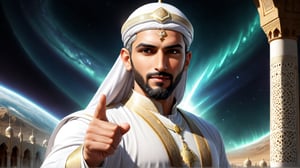 a detailed epic poster, a handsome white muslim man inviting you to shake hand