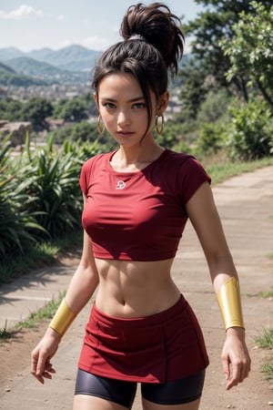   smile,   (mature_woman, 27 years old), stern expression, frustrated, disappointed, flirty pose, sexy, looking at viewer, scenic view, Extremely Realistic, high resolution, masterpiece, 

kale, 1girl, solo, black eyes, black hair, high ponytail, earrings, left sided bangs,

red shirt, crop top, short sleeves, wristband, red skirt, bike shorts, vambraces, bracer, miniskirt, shorts under skirt