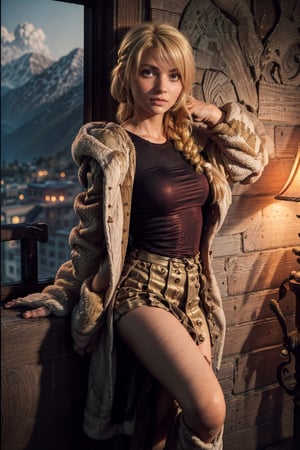  smile,   (mature_woman, 27 years old), stern expression, frustrated, disappointed, flirty pose, sexy, looking at viewer, scenic view, Extremely Realistic, high resolution, masterpiece, 

astridWaifu, (long hair, blonde, blue eyes, braid:1.2), 

, (wearing a loose bathrobe with a pattern of a golden dragon and a short skirt:1.3)