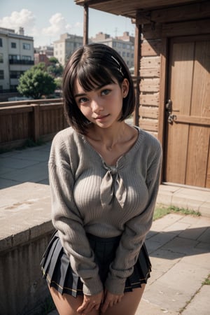  smile,   mature_woman, 27 years old, stern expression, frustrated, disappointed, flirty pose, sexy, looking at viewer, scenic view, Extremely Realistic, high resolution, masterpiece, 

aasugu, short hair, hairclip, grey sweater, black sailor collar, yellow neckerchief, black skirt

