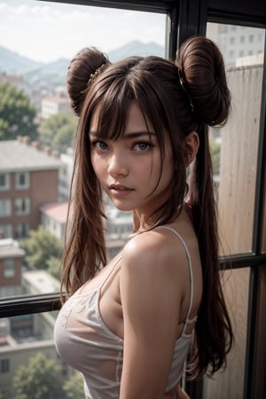   smile,   mature_woman, 27 years old, stern expression, frustrated, disappointed, flirty pose, sexy, looking at viewer, scenic view, Extremely Realistic, high resolution, masterpiece, 

rosa, long hair, hair bun, twintails, double bun, very long hair,



,Rosachampion,rosa