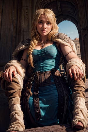   smile,   (mature_woman, 27 years old), stern expression, frustrated, disappointed, flirty pose, sexy, looking at viewer, scenic view, Extremely Realistic, high resolution, masterpiece, 

astridWaifu, (long hair, blonde, blue eyes, braid:1.2), 

from below, royal palace throne, necklace, earrings, full body portrait , (gorgeous, queen, royalty), sitting, 