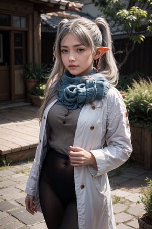   smile,   mature_woman, 27 years old, stern expression, frustrated, disappointed, flirty pose, sexy, looking at viewer, scenic view, Extremely Realistic, high resolution, masterpiece, 

aafrie, long hair, white hair, twintails, pointy ears, earrings, thick eyebrows, blue scarf, white coat, double-breasted, buttons, black pantyhose




