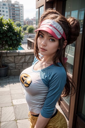   smile,   mature_woman, 27 years old, stern expression, frustrated, disappointed, flirty pose, sexy, looking at viewer, scenic view, Extremely Realistic, high resolution, masterpiece, 

ro1, hair bun, blue eyes, twintails, visor cap, pantyhose, raglan sleeves, yellow shorts, shirt, pink bow, wristwatch

