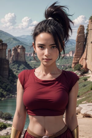   smile,   (mature_woman, 27 years old), stern expression, frustrated, disappointed, flirty pose, sexy, looking at viewer, scenic view, Extremely Realistic, high resolution, masterpiece, 

 defKale, black eyes, ponytail, crop top, bracer, red skirt, upper body, standing, looking at viewer, nervous, green sky, mountains, rock formations,