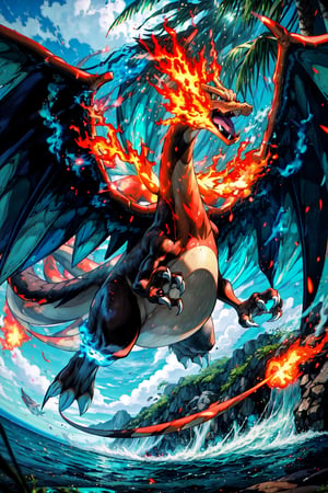 ((masterpiece,best quality)), absurdres, award winning photo, Charizard_Pokemon, flame-tipped tail, two wings, breathing_fire, burning, tropical jungle,, day, embers, explosion, fire,, flame,, no_humans, ocean, open_mouth, pokemon_\(creature\),