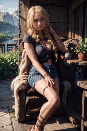   smile,   (mature_woman, 27 years old), stern expression, frustrated, disappointed, flirty pose, sexy, looking at viewer, scenic view, Extremely Realistic, high resolution, masterpiece, 

astridWaifu, (long hair, blonde, blue eyes, braid:1.2), 

Denim shorts, oversized button-up shirt, strappy sandals