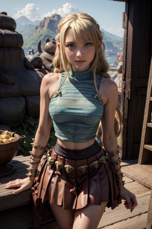   smile,   (mature_woman, 27 years old), stern expression, frustrated, disappointed, flirty pose, sexy, looking at viewer, scenic view, Extremely Realistic, high resolution, masterpiece, 

long blonde hair with a messy braid and some hair covering her left eye), light blue eyes, has a leather headband with metal spikes around it of her forehead, 

(wearing a sleeveless see-through high neck kimono with a pattern of a golden dragon and a short skirt:1.3)