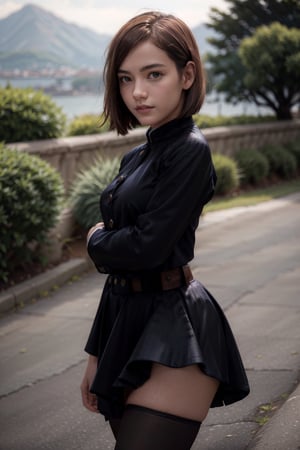   smile,   mature_woman, 27 years old, stern expression, frustrated, disappointed, flirty pose, sexy, looking at viewer, scenic view, Extremely Realistic, high resolution, masterpiece, 

aanobara, short hair, (black jacket:1.2), buttons, long sleeves, black skirt, high-waist skirt, black pantyhose

