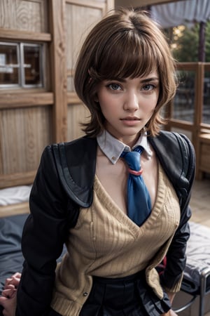   smile,   mature_woman, 27 years old, stern expression, frustrated, disappointed, flirty pose, sexy, looking at viewer, scenic view, Extremely Realistic, high resolution, masterpiece, 

hmza, short hair, antenna hair, brown eyes, school uniform, blue necktie, black jacket, open jacket, long sleeves, sweater, black skirt


