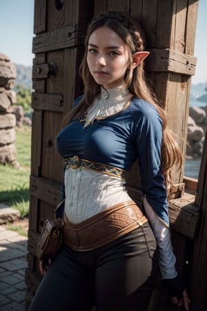   smile,   mature_woman, 27 years old, stern expression, frustrated, disappointed, flirty pose, sexy, looking at viewer, scenic view, Extremely Realistic, high resolution, masterpiece, 

aazelda, long hair, crown braid, hairclip, pointy ears, blue shirt, long sleeves, fingerless gloves, black gloves, black pants, tight pants



