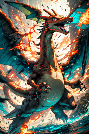 ((masterpiece,best quality)), absurdres, award winning photo, Charizard_Pokemon, flame-tipped tail, two wings, breathing_fire, burning, tropical jungle,, day, embers, explosion, fire,, flame,, no_humans, ocean, open_mouth, pokemon_\(creature\),