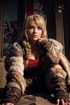   smile,   (mature_woman, 27 years old), stern expression, frustrated, disappointed, flirty pose, sexy, looking at viewer, scenic view, Extremely Realistic, high resolution, masterpiece, 

astridWaifu, (long hair, blonde, blue eyes, braid:1.2), 

from below, royal palace throne, necklace, earrings, full body portrait , (gorgeous, queen, royalty), sitting, royal dress, crown, 