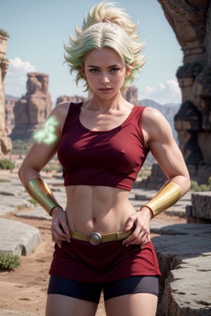   smile,   (mature_woman, 27 years old), stern expression, frustrated, disappointed, flirty pose, sexy, looking at viewer, scenic view, Extremely Realistic, high resolution, masterpiece, 

ssj2kale, green hair, red tank top, bracer, red skirt, shorts under skirt, midriff, flexing, looking at viewer, green sky, alien planet, rock formations,