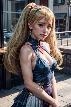   smile,   mature_woman, 27 years old, stern expression, frustrated, disappointed, flirty pose, sexy, looking at viewer, scenic view, Extremely Realistic, high resolution, masterpiece, 

long hair, braid, hairband, hair ornament, hair flower, bare shoulders, blue dress, sleeveless, elbow gloves, white gloves,TWINTAILS, TWIN DRILLS, Luna_MM, twin tails, drill hair, blonde, blond_hair, big hair, big red ribbon in hair, ,