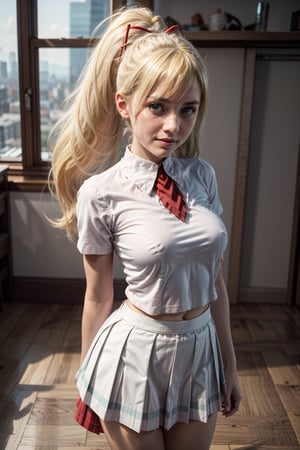   smile,   mature_woman, 27 years old, stern expression, frustrated, disappointed, flirty pose, sexy, looking at viewer, scenic view, Extremely Realistic, high resolution, masterpiece, 

TWINTAILS, TWIN DRILLS, Luna_MM, twin tails, drill hair, blonde, blond_hair, big hair, big red ribbon in hair, ,, long hair, ponytail, french braid, white shirt, short sleeves, white skirt, pleated skirt, cowboy shot, full body,