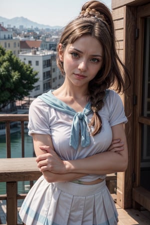   smile,   mature_woman, 27 years old, stern expression, frustrated, disappointed, flirty pose, sexy, looking at viewer, scenic view, Extremely Realistic, high resolution, masterpiece, 

aalillie, long hair, ponytail, french braid, white shirt, short sleeves, white skirt, pleated skirt
