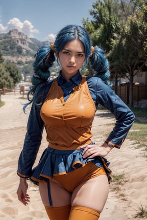   smile,   mature_woman, 27 years old, stern expression, frustrated, disappointed, flirty pose, sexy, looking at viewer, scenic view, Extremely Realistic, high resolution, masterpiece, 

cowboy shot, contrapposto, acebw, Orange vest, long sleeves, blue skirt, pantyhose, blue hair, twintails, 