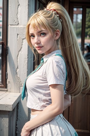   smile,   mature_woman, 27 years old, stern expression, frustrated, disappointed, flirty pose, sexy, looking at viewer, scenic view, Extremely Realistic, high resolution, masterpiece, 

TWINTAILS, TWIN DRILLS, Luna_MM, twin tails, drill hair, blonde, blond_hair, big hair, big red ribbon in hair, ,, long hair, ponytail, french braid, white shirt, short sleeves, white skirt, pleated skirt,Luna_MM